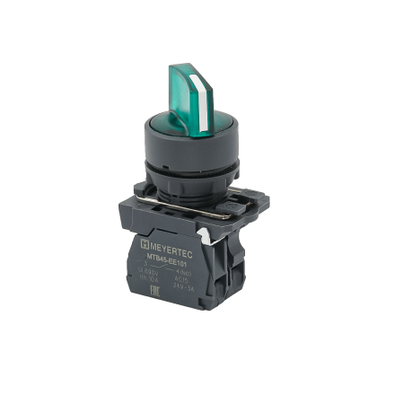 Переключатель  на 3 положения с фиксацией и подсветкой, зеленый, 1NO, 24V AC/DC, IP65, пластик